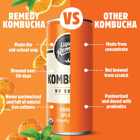8.5 Oz 24-Pack Liquid Remedy Kombucha Sugar Free Organic Drink, Low Calorie, Probiotic Like Tea for Gut Health - Orange
