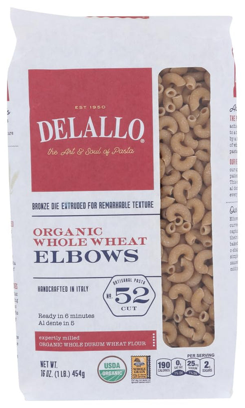 DeLallo, Elbows No. 52, 100% Organic Whole Wheat Pasta, 16 oz (454