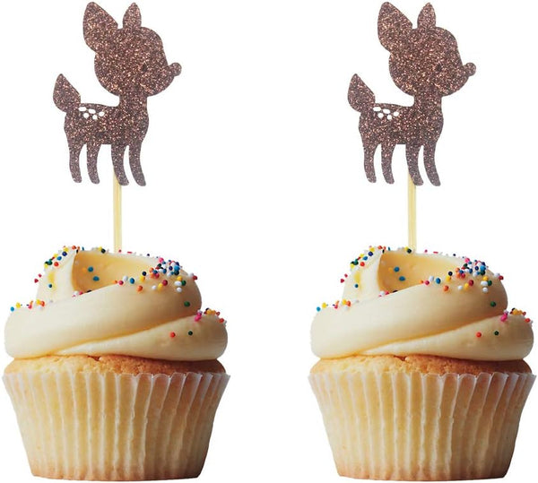 Morndew 24 PCS Brown Glitter Baby Deer Fawn Cupcake Toppers for Baby Shower, Woodland Party Decorations
