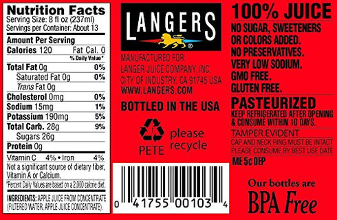 by Langers 100% 101.4 Oz (Pack 4) Langers Juice, Apple, Fl