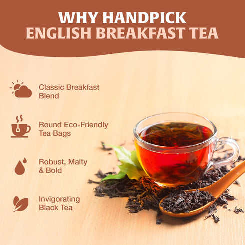 (100 Count) HANDPICK, Organic English Breakfast Black Tea Bags USDA Organic, Non-GMO | Strong, Robust, High-Caffeine