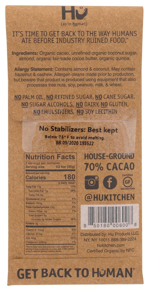 2.1 oz, 72% (6 Pack) Hu Kitchen Dark Chocolate Bars, Almond Butter & Puffed Quinoa Chocolate Bar