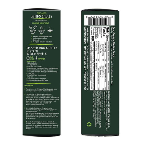 12oz (Pack 2), Mantova Organic Jumbo Shells Pasta, boxes of Non-GMO, Product of Italy, Made with Organic Durum Wheat