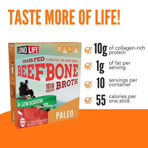 LonoLife Low Sodium Beef Bone Broth Powder Mix, Grass-Fed, 10g Protein, 10 Portable Stick Pack Servings