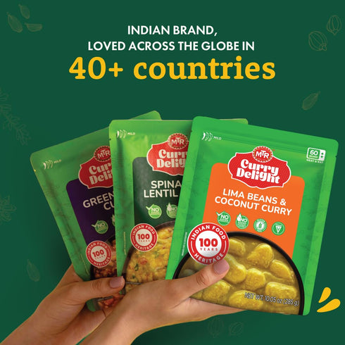 100% 2-285g Pack 6 MTR Curry Delight - Authentic Indian Ready-to-Eat Lima Beans & Coconut Curry - Gluten-Free, No Added