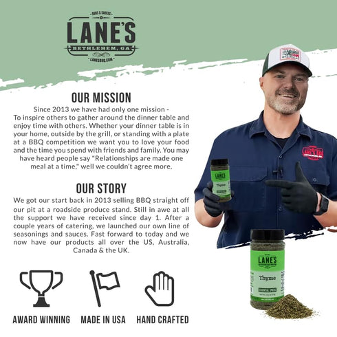 2.75 oz Lane's Thyme Seasoning, - Dried Thyme Leaves for Cooking, Herbaceous Aroma & Robust Flavor, Ideal for Roasts