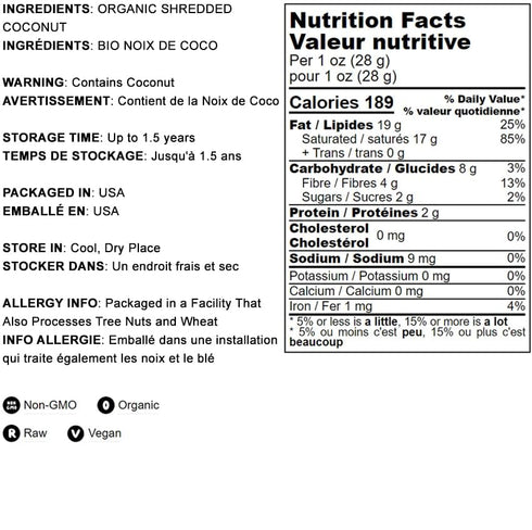 6 Food to Live Organic Fine Shredded Coconut, Ounces Non-GMO, Raw, Unsweetened, Unsulfured, Desiccated, Shaved Meat.