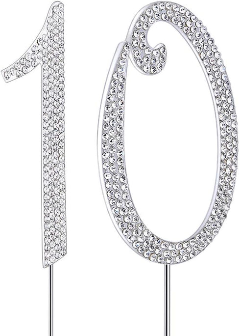 MAGJUCHE Silver 10" Crystal Cake Topper, Number 10 Rhinestones for 10th Birthday or Anniversary Party Decoration