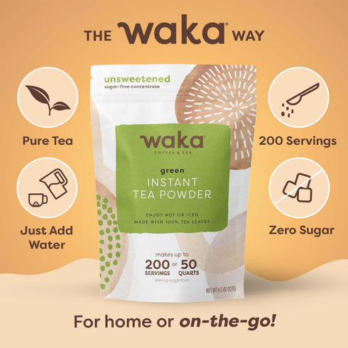100% 50 200 (4.5oz) Waka Instant Green Tea Mix, Classic - Tea Leaves, No Additives, Unsweetened Tea Powder for Quarts