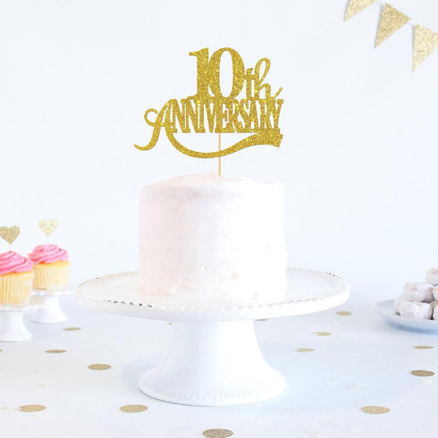 Gold Glitter 10th Anniversary Cake Topper - Happy 10th Wedding Anniversary / Birthday Party Decorations