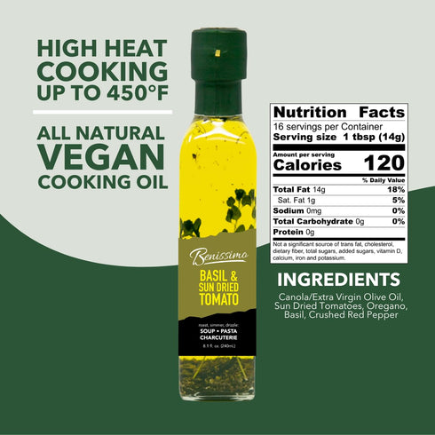8.1 oz Benissimo Basil and Sun Dried Tomato Herb Infused Oil, All Natural Gourmet Cooking Oil with Garden-Fresh Herbs