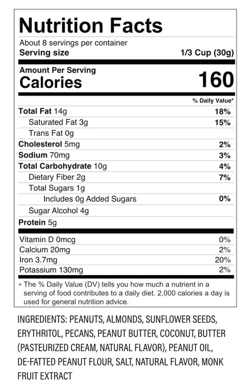 8 oz. 1 Count (Pack 2) NuTrail Nut Granola, Peanut Butter, No Sugar Added, Gluten Free, Grain Free, Keto, Low Carb