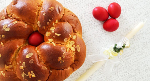 Generic Traditional Greek Easter Bread Tsoureki with Red Chocolate Egg, Braided Sweet Brioche