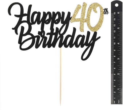 PALASASA Black Gold Glitter Happy Birthday Cake Topper, 40th Anniversary/Birthday Party Decoration