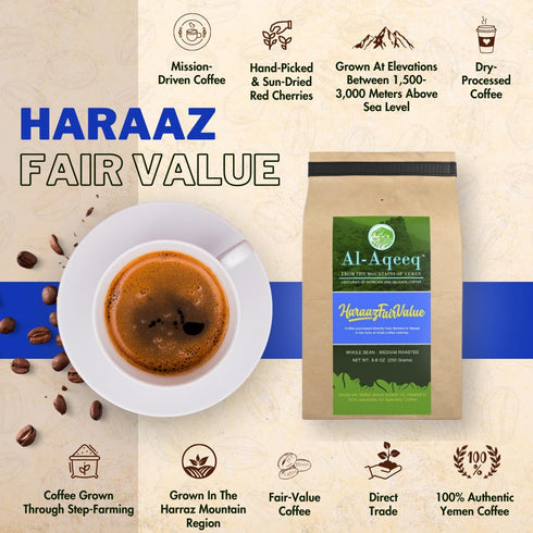 Al-Aqeeq Whole Bean Yemen Coffee - Haraaz Region, Specialty Organic Arabica, Low Acid Medium Roast, Freshly Roasted