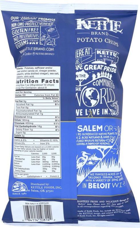 8.5 Kettle Brand Potato Chips, Sea Salt and Vinegar, Ounce
