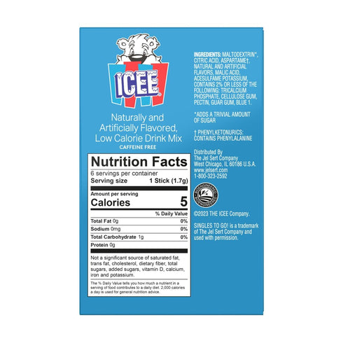 Pack 3 6 18 ICEE Blue Raspberry Singles To Go - of - Powdered Drink Mix - Zero Sugar - Sticks Per Box - Servings