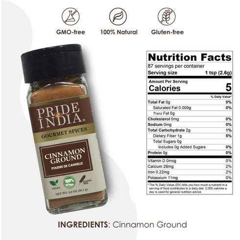 Pride of India Natural Cinnamon Ground - Pure & Fresh Gourmet Spice, 2 oz. Dual Sifter Bottle, Gluten Free