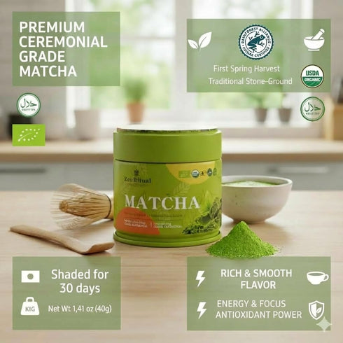 1.41 oz (40 ZenRitual Ceremonial Grade Matcha Powder - Pure Organic Green Tea, Single Servings) Tin - Authentic Stone