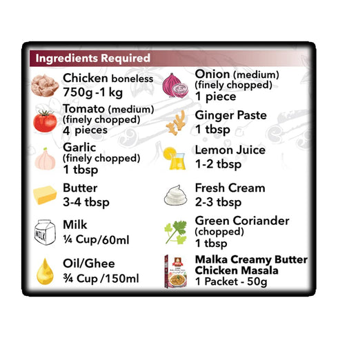 Malka Creamy Butter Chicken Recipe Mix 50g (1.76 oz) - Authentic Gourmet Spice Powder for Chicken