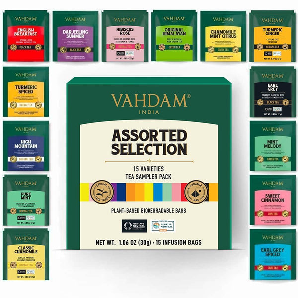 VAHDAM, Assorted Tea Sampler (15 Different Variety in Individually Wrapped Pyramid Tea