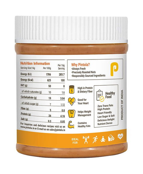 350g 26g 7.2g B3, Pintola Classic Peanut Butter Creamy - Original American Recipe with High Protein & Fiber, Premium