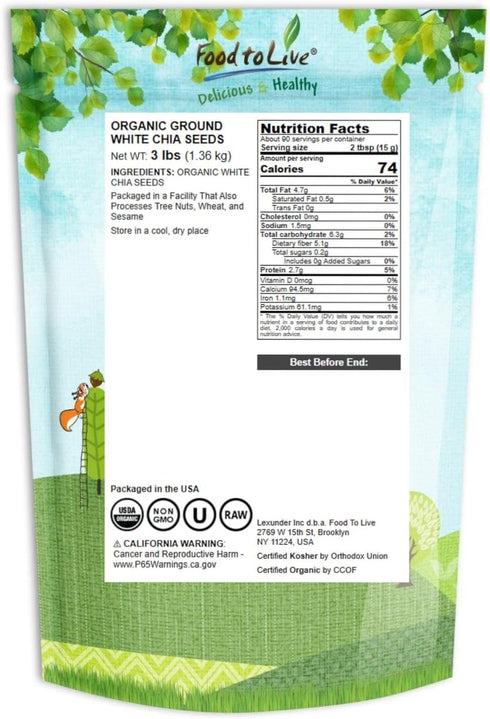 3 Food to Live Organic Ground White Chia Seeds, Pounds Raw Natural Milled Seeds. Non-GMO, Kosher, Vegan, Bulk