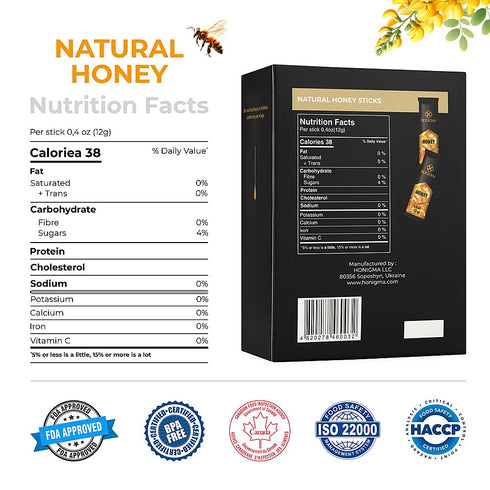 50 Count (12g (Pack 2) HONIGMA Pure Ukrainian Acacia Honey Sticks Deliciously Sweet Sustainably Sourced Each) Natural