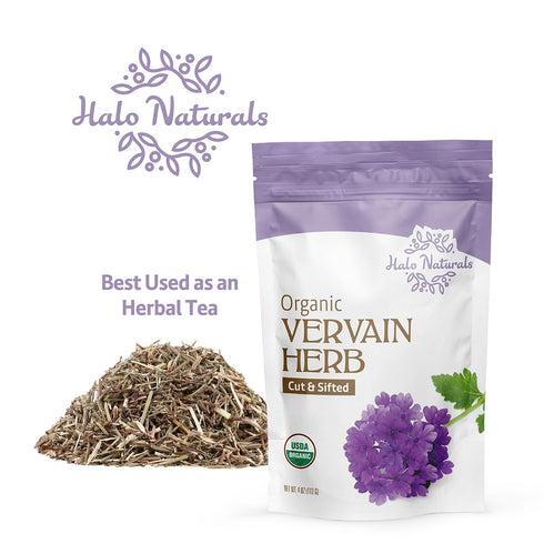 Halo Naturals 4 Packaged (Pack 1) Organic Vervain Herb Cut & Sifted, Ounces (Verbena officinalis) USDA Certified |