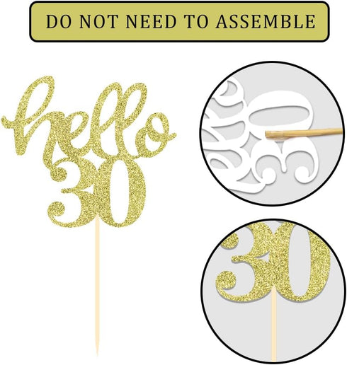 24 Pcs Gold Glitter 30th Birthday Cupcake Toppers for 30th Anniversary Party Wedding Decorations