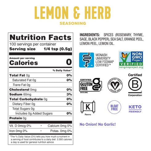 Fody Foods Vegan Lemon Herb Seasoning, 1.8 Ounce, Low Fodmap Certified, Gut & IBS Friendly, Flavorful Grilling