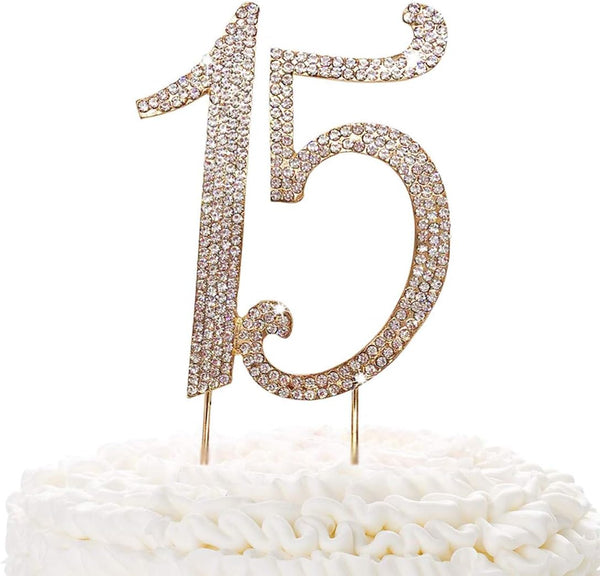 15 Gold Cake Topper, Premium Sparkly Crystal Rhinestones, 15th Birthday or Anniversary Decoration