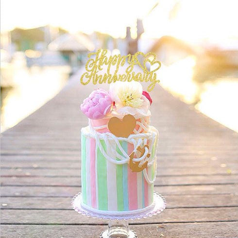 Gold Glitter Happy Anniversary Cake Topper, Wedding Anniversary Birthday Party Decoration Supplies