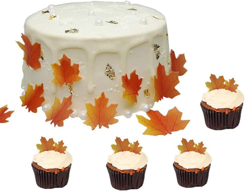 50 pcs Edible Fall Leaves Gold Leaf Cake Topper, Maple Leaves Cake Decorations for Party Cupcake