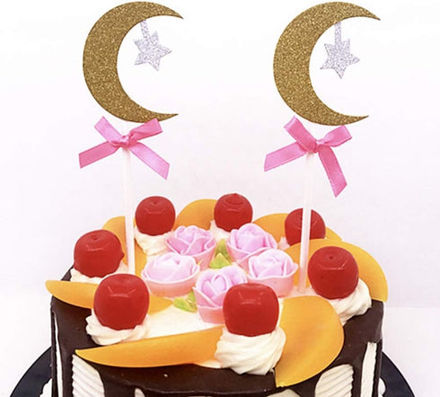 30Pcs Glitter Cupcake Toppers, Gold Moon & Silver Star with Pink Bowknot for Birthday Party, Baby Shower Decorations