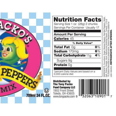 Packo's 24 oz Pack 2, Tony Sweet Mix Pickles & Peppers, Glass Jars, of Gourmet Pickle Mix with Bell Peppers, Cucumbers