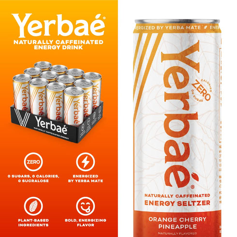 Pack 12, 12oz Yerba Energy Seltzer - Orange Cherry Pineapple No Sugar/Calories/Carbs. Energized by Yerba Mate