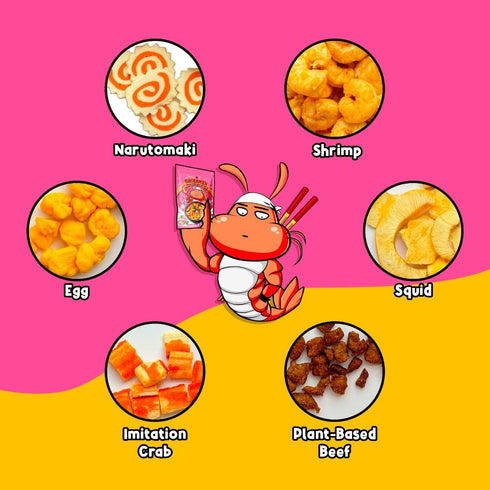 CHIRAMEN Dried Seafood Mix Ramen Toppings Shrimp, Fish Cake, Squid, Imitation Crab & Egg Instant Noodle Topping for Cup