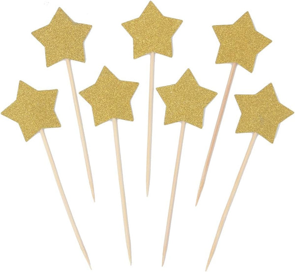 WARMBUY Gold Glitter Cupcake Cake Toppers, Double Sided Stars, 50 Pack