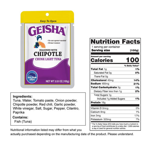 3.53oz (Pack 12), GEISHA Chunk Light Tuna Seasoned with Chipotle Sauce of Tuna| HALAL & Kosher Certified Gluten Free