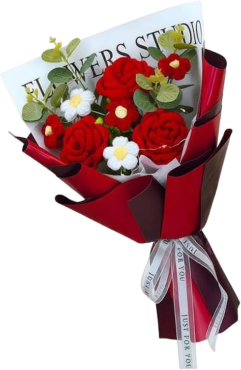 WeiLaiKeQi Crochet Flower Bouquet Knitted Flowers from for Birthday Valentines Day Girlfriend Mom Women, Red