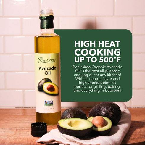 100% 500ml Benissimo Pure Avocado Oil, Glass Bottle, Allergen-Free and Non-GMO, Premium Cold-Pressed Cooking Oil