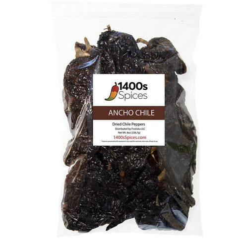 8oz Ancho Dried Whole Chile Peppers, Chili Seco Pods for Authentic Mexican Food, Resealable Bag by 1400s Spices