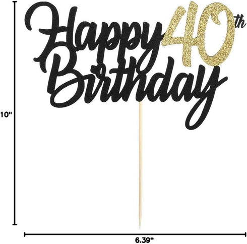PALASASA Black Gold Glitter Happy Birthday Cake Topper, 40th Anniversary/Birthday Party Decoration