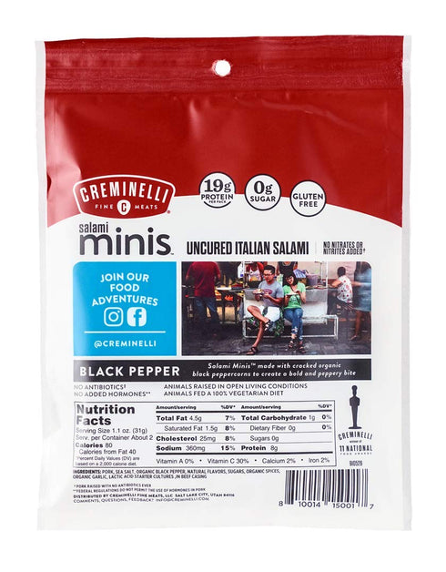 19g 2.6oz Creminelli Black Pepper Salami Mini Snacks, Humanely-Raised U.S. Pork, Keto & Paleo Friendly, of Protien