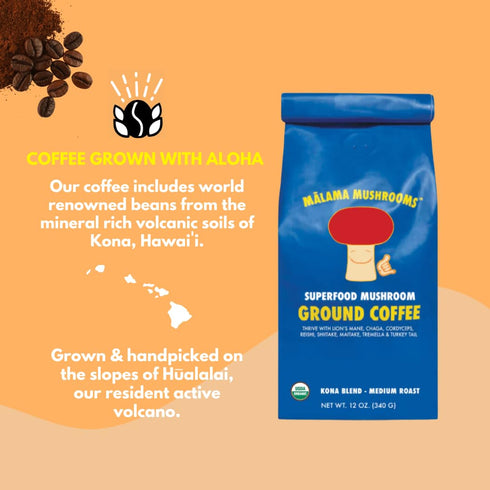 8-Mushroom Immune 12oz Organic Ground Mushroom Coffee by Malama | Superfood Blend with Lions Mane, Reishi, Cordyceps