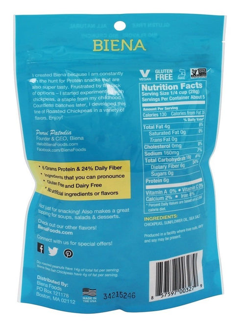 5 oz(pack 2) Biena - Gluten Free Chickpea Snacks Sea Salt