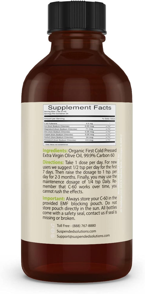 60 C60 4oz 108mg C60, 99.9% Carbon in Olive Oil Glass Bottle, Pure Solvent Free, Organic Extra Virgin Olive, Longevity