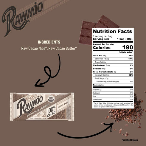 100% 1.1 oz. Rawmio Essential Dark Chocolate Bar - Organic, Raw, Gluten-Free, Cacao (Sugar Free)