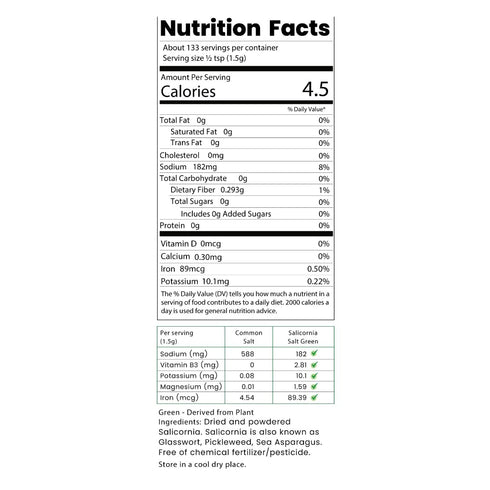 50% 100% (7.05 oz 200g) SaltWise Salicornia Green Salt Less Sodium, Plant-Based Salt Substitute, Dehydrated Salicornia